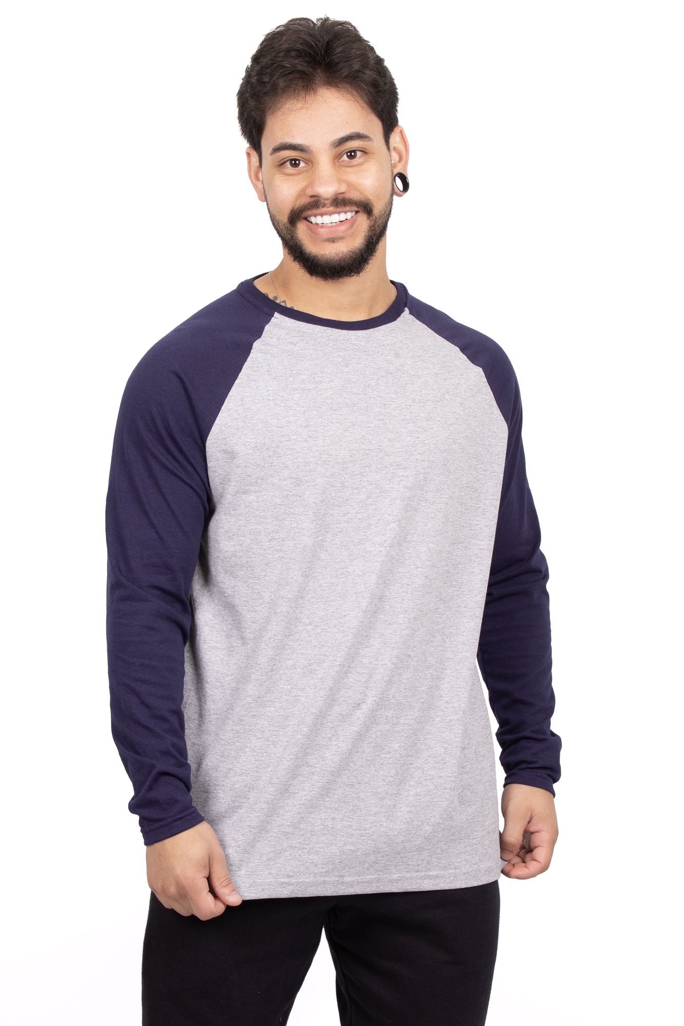 Camiseta Manga Longa Raglan Slim Fit Lisa Mescla com mangas